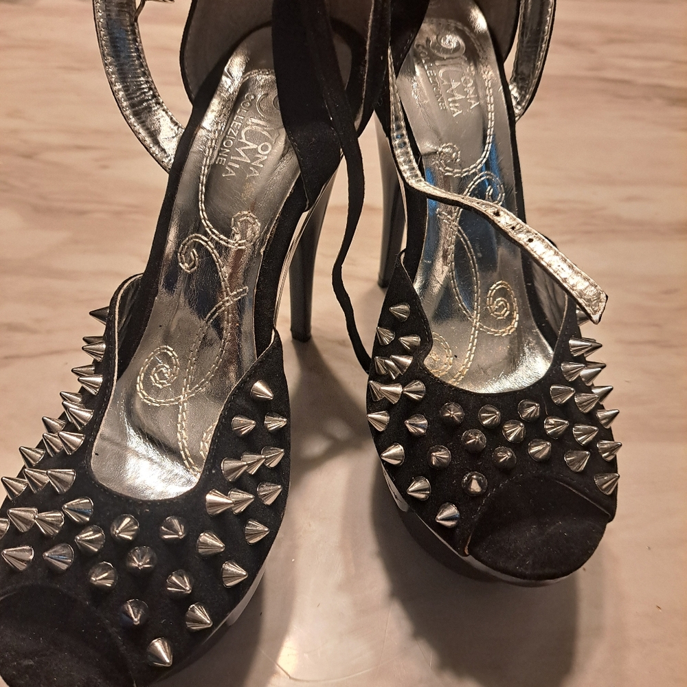 Studded Black Peep-Toe Heels